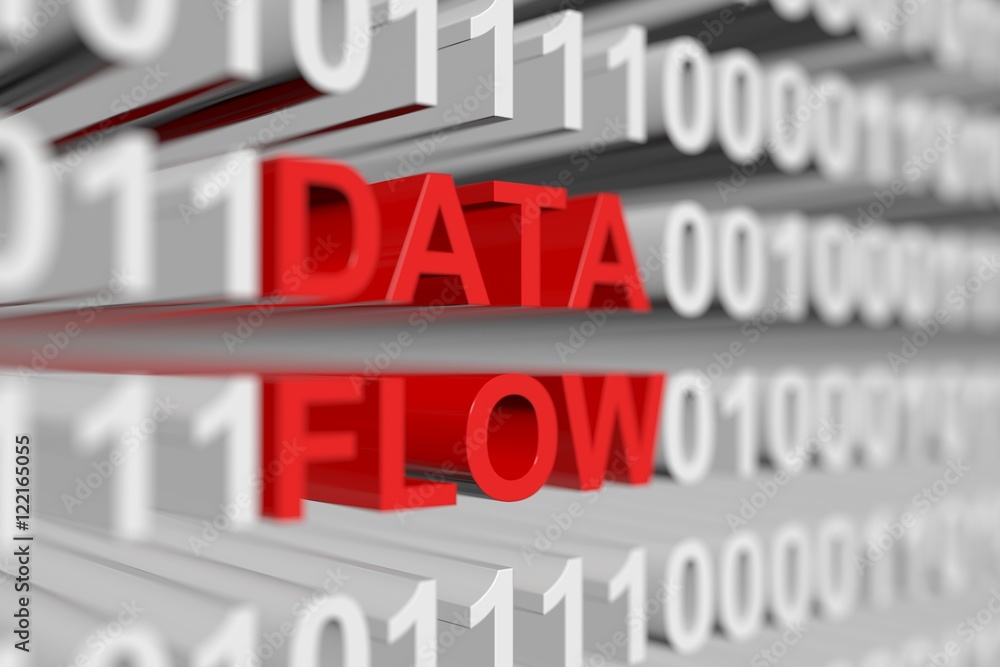 DATA FLOW in the form of a binary code with blurred background 3D illustration