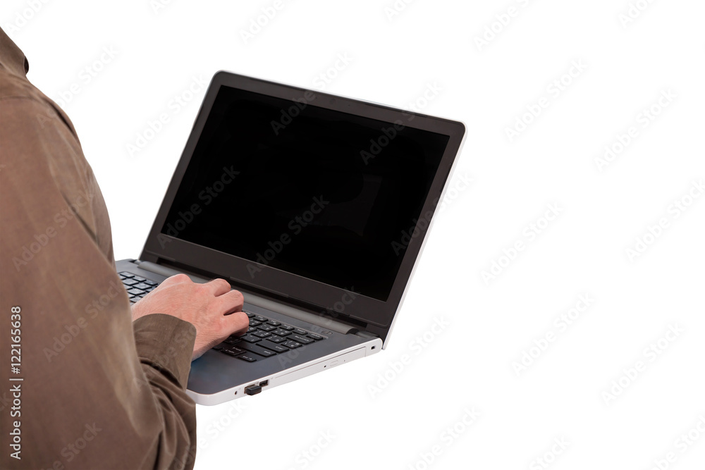 Businessman hand hold and working with laptop or notebook computer isolated on white background as Communication and technology concept. Businessman hand hold and working with laptop or notebook computer isolated on white background as Communication and technology concept.