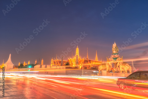 Light trails on the road and Wat phra keaw, Bangkok Thailand