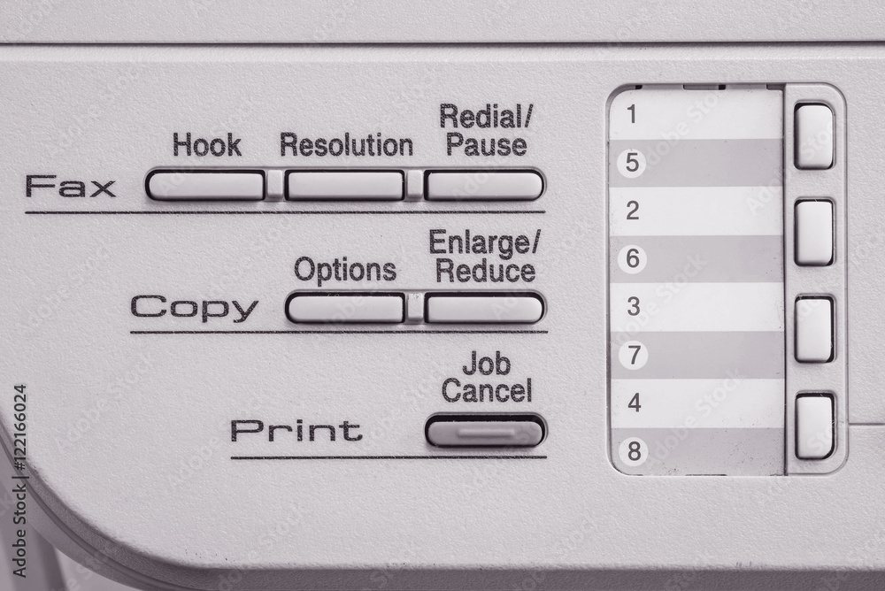 Closeup surface function of old photocopier and fax machine in the office textured background in black and white tone Closeup surface function of old photocopier and fax machine in the office textured background in black and white tone