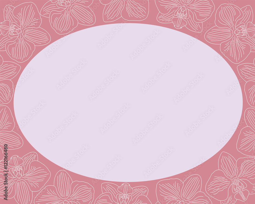 Pink horizontal oval frame with a white contour orchids. Pink horizontal oval frame with a white contour orchids.