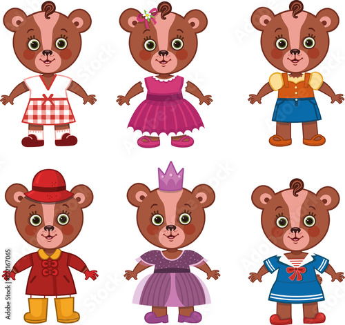 Cute girl bear with different clothes. (Vector illustration)