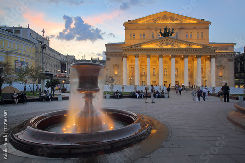 Evening view of Bolshoi Theater and Fountain in Moscow, Russia