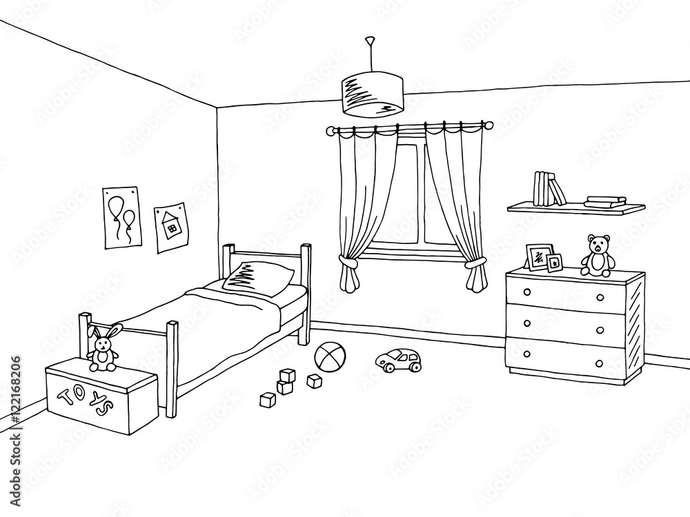 Kid room graphic interior art black white sketch illustration vector