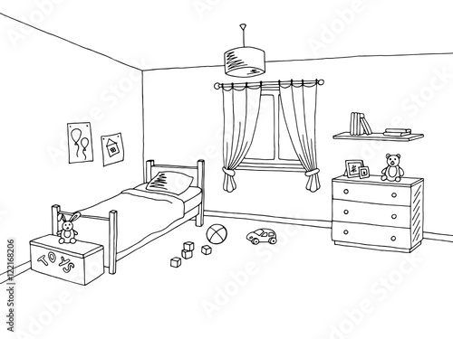 Kid room graphic interior art black white sketch illustration vector