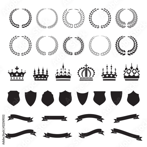 Wreaths, crowns, shields and ribbons, icon set, graphic design elements, black isolated on white background, vector illustration.