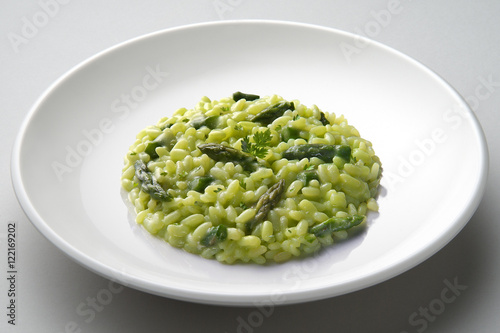 Dish of risotto with asparagus