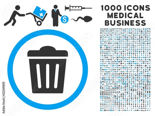 Trash Can icon with 1000 medical business gray and blue vector pictograms. Collection style is flat bicolor symbols, white background.