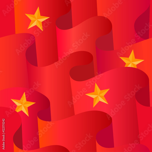 Seamless pattern of red flags and gold stars. The concept of revolution, socialism and communism.