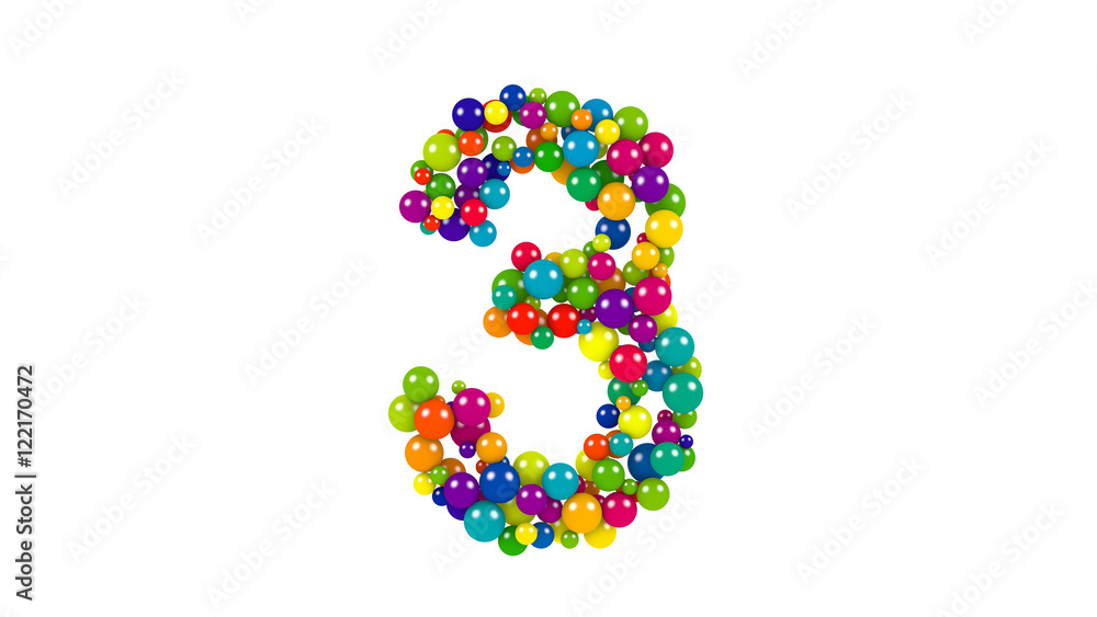 Multi-colored balls in the shape of number three