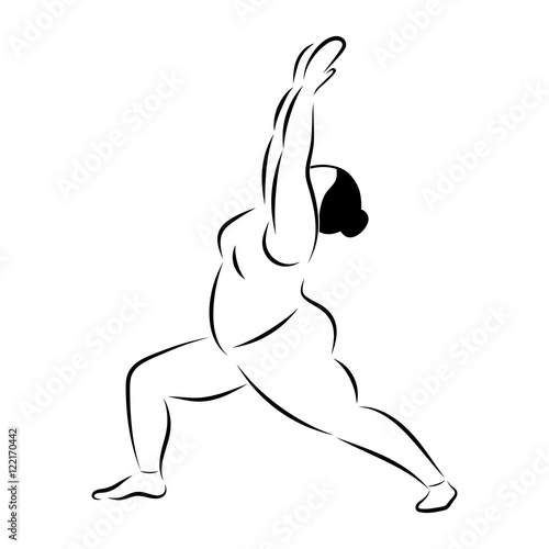 Plus size curvy flexible sporty woman doing yoga fitness. Warrior pose 1 (Virabhadrasana I). Activity for everyone. Body positive lifestyle. Vector illustration, eps 10