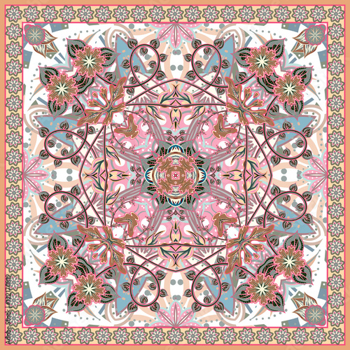 Abstract graphic background, square pattern with Mandala geometric ornament. Bandanna shawl fabric print, silk neck scarf or kerchief design, vector illustration.
