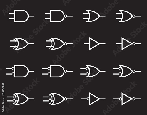 Digital logic gate symbols, white isolated on black background, vector illustration.
