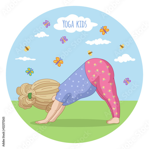 Girl performing yoga. Adho Mukha shvanasana.