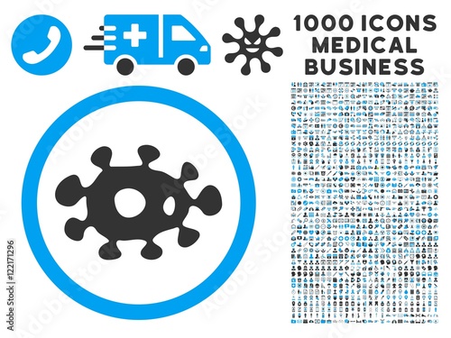 Virus icon with 1000 medical commercial gray and blue vector pictograms. Collection style is flat bicolor symbols, white background.
