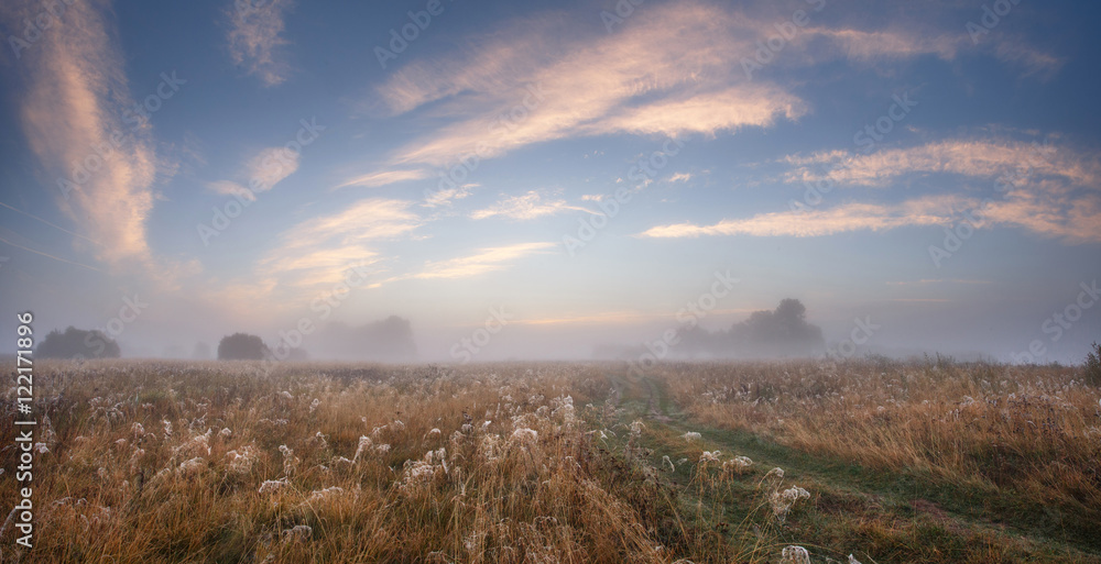 Blue sky with clouds over meadow in misty morning Blue sky with clouds over meadow in misty morning