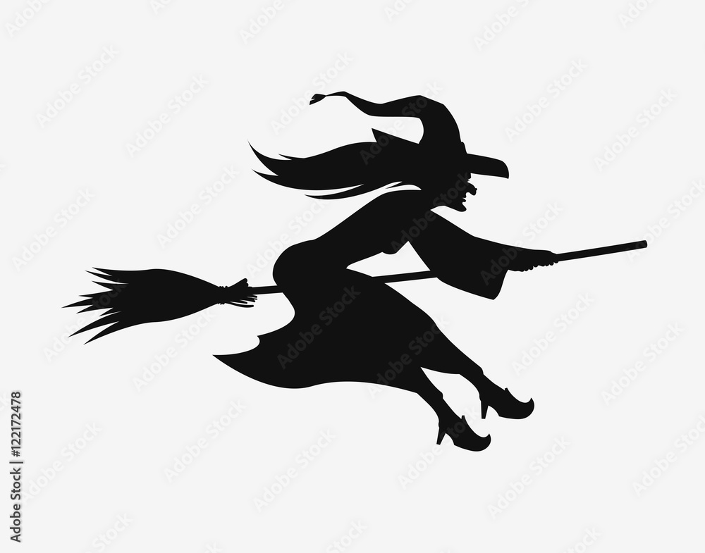 Witch on a broomstick. Black silhouette. Halloween vector symbol