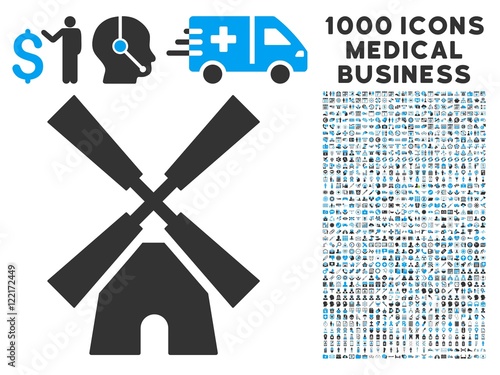 Wind Mill icon with 1000 medical commerce gray and blue vector design elements. Set style is flat bicolor symbols, white background.