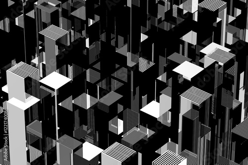 Abstract black and white city concept. 3d illustration.