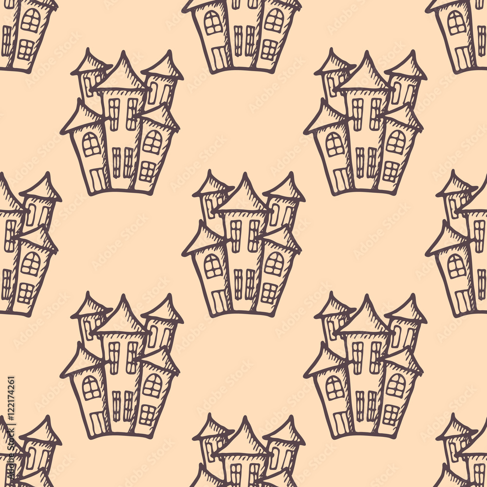 Illustration of hand drawn houses, seamless pattern