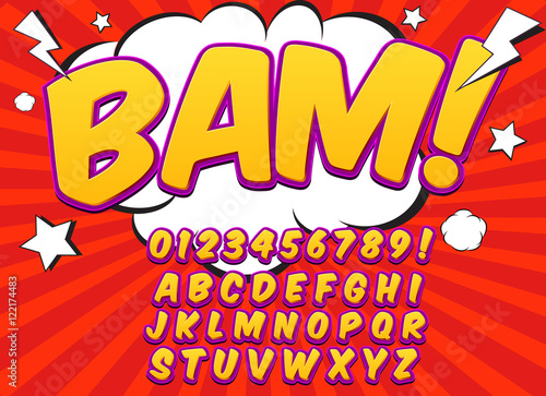 Comic alphabet set. Letters, numbers and figures for kids' illustrations, websites, comics, banners