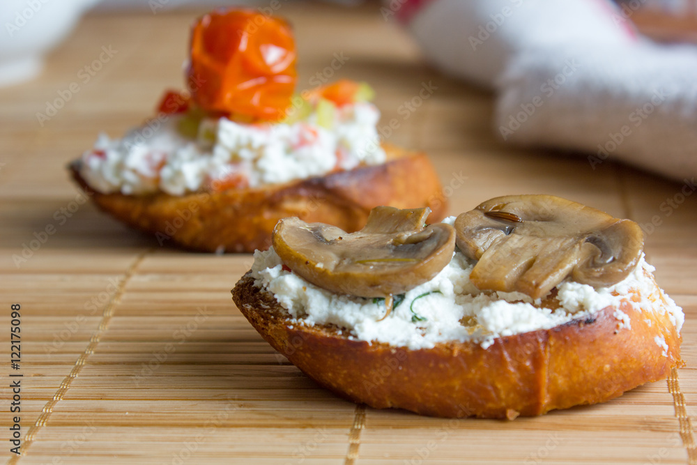 Bruschetta. Delicious and fresh bruschetta with the goat cheese and mushrooms. Bruschetta. Delicious and fresh bruschetta with the goat cheese and mushrooms.
