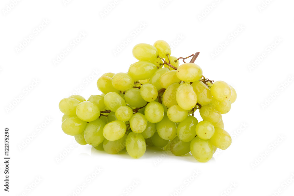 bunch of ripe green grapes on a white background bunch of ripe green grapes on a white background