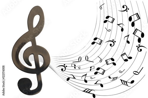 Treble clef, stainless steel and sheet music isolated on a white background.