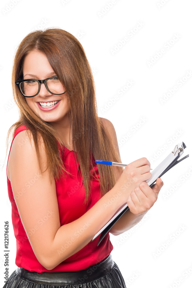 girl young secretary with a folder and pen on a white background girl young secretary with a folder and pen on a white background