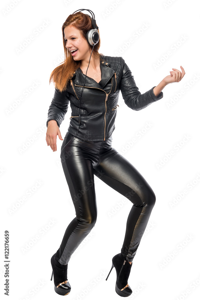 stylishly dressed woman with headphones dancing isolated photo stylishly dressed woman with headphones dancing isolated photo