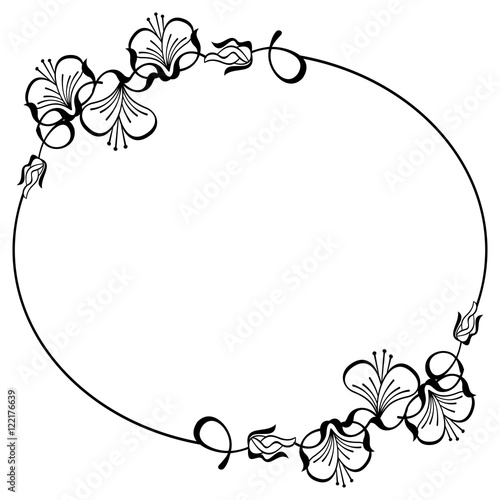 Silhouette oval frame. Abstract black and white ornament with decorative flowers. Copy space. Vector clip art.