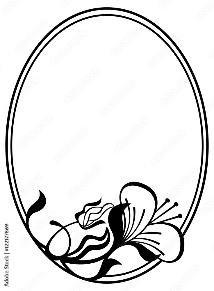 Fototapeta premium Silhouette round frame with abstract flower ornament. Design element for banners, labels, greeting cards and wedding invitations. Copy space. Vector template.