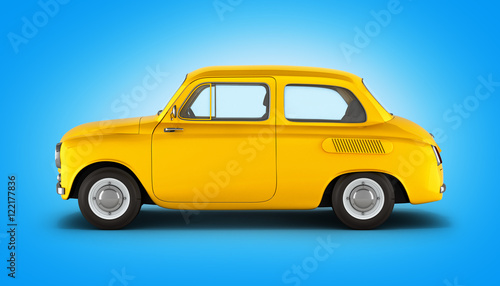 small yellow retro car on gradient background 3d