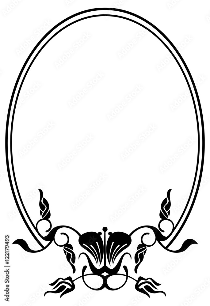 Silhouette oval frame with abstract flower ornament. Design element for