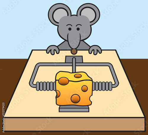 Hungry mouse being tempted by the cheese in a mousetrap