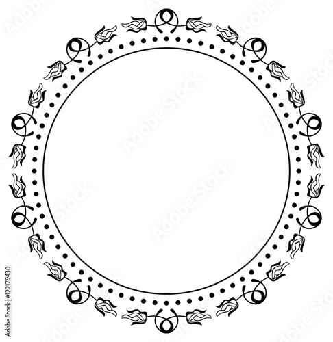 Silhouette round frame with abstract flower ornament. Design element for banners, labels, greeting cards and wedding invitations. Copy space. Vector template.