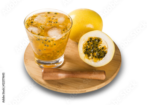 Fresh drink made with passion fruit Caipirinha on white backgrou