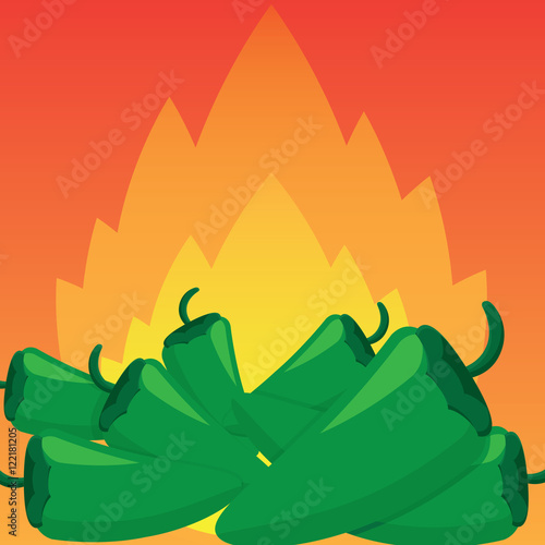 Green jalapeno chillies against a fire background