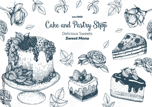 Vector design with ink hand drawn cake, pie ice cream and wafers. Vintage template for bakery menu or sweet home shop. Background with dessert sketch. Vector illustration in retro Linear style.