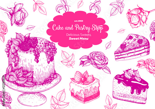 Vector design with ink hand drawn cake, pie ice cream and wafers. Vintage template for bakery menu or sweet home shop. Background with dessert sketch. Vector illustration in retro Linear style.