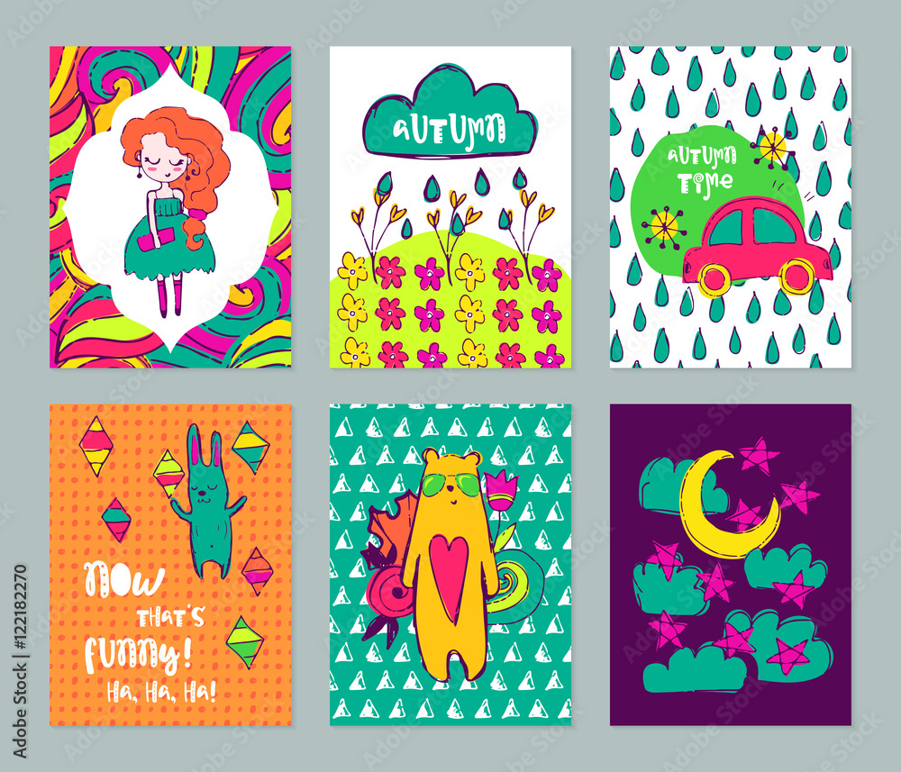 Autumn funny hand drawn cards set