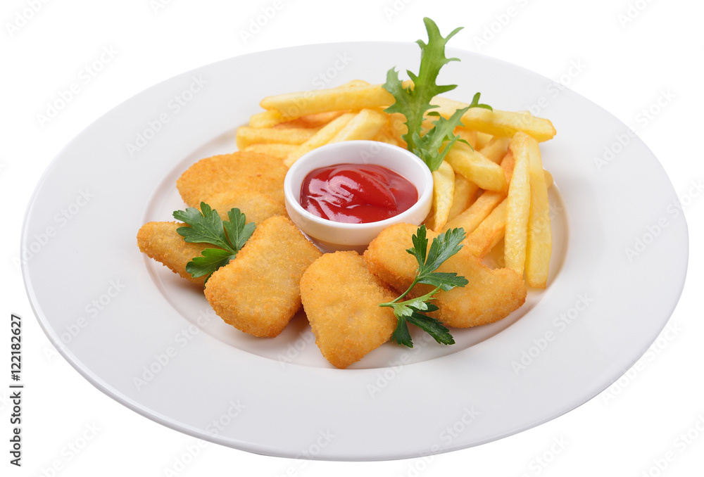 Serve french fries with the nuggets, the concept of fast food, u Serve french fries with the nuggets, the concept of fast food, u