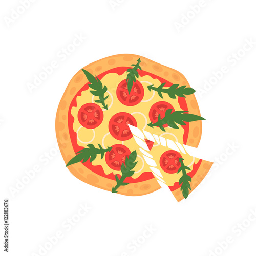 Hot pizza slice with melting cheese isolated on white. Vector illustration of margherita. Cartoon style