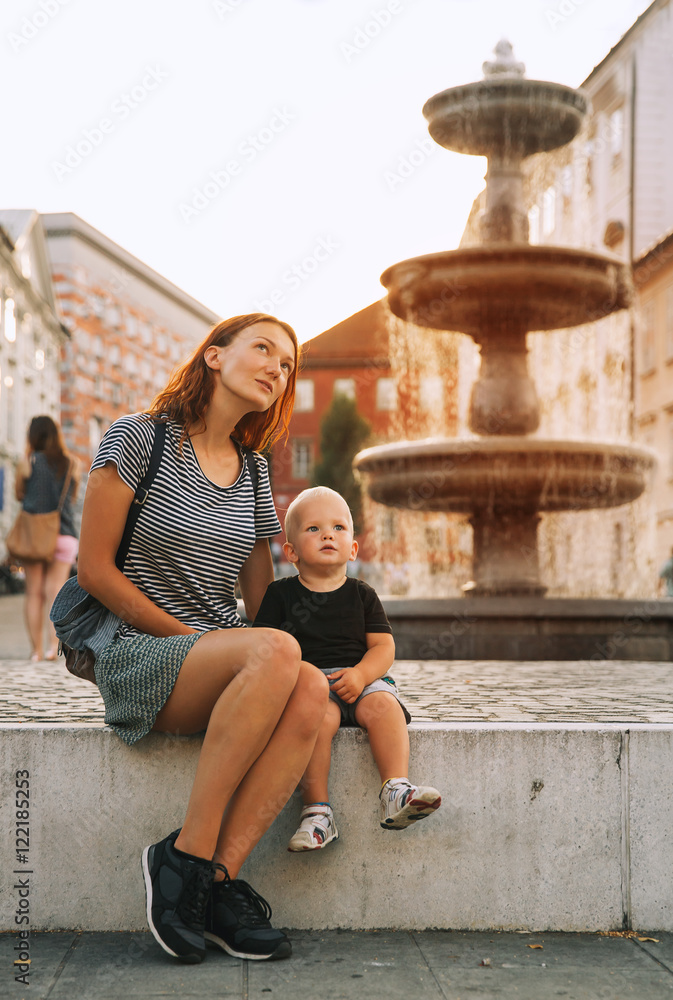 Family in Old Town Center of Ljubljana, Slovenia.