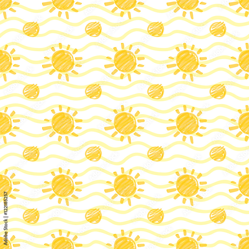 Seamless pattern with sun and dots hand drawn by marker. Sunshine