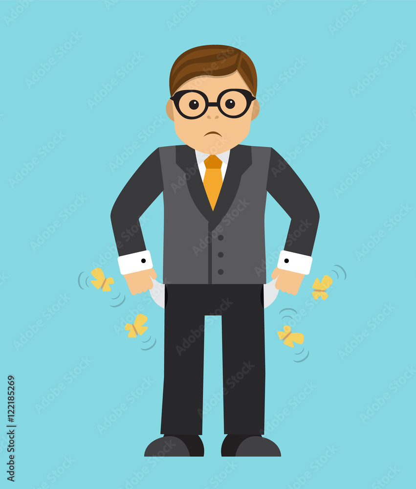 Sad businessman sitting by removing empty pockets Sad businessman sitting by removing empty pockets