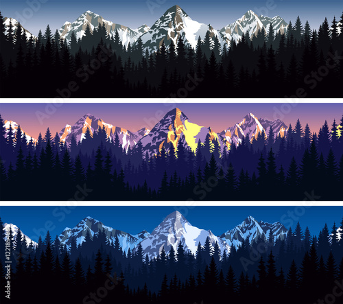 set of vector mountains forest background texture seamless pattern
