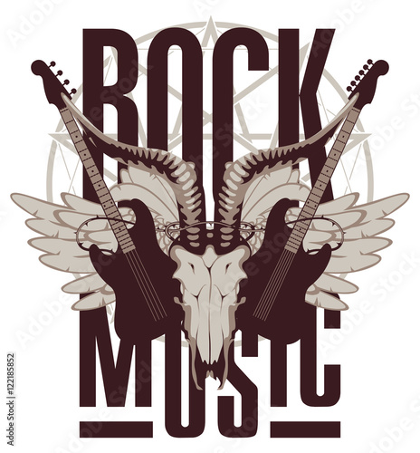 emblem with an electric guitar, wings and goat skull