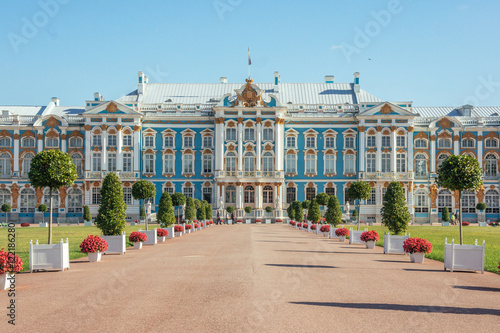 Gorgeous ancient Catherine Palace in Tsarskoe Selo park in Pushkin town near Saint-Petersburg, Russia at sunny day