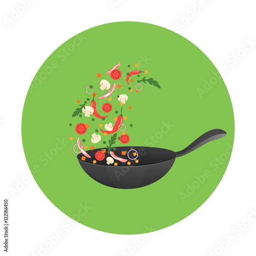 Cooking process vector illustration. Flipping Asian food in a pan. Cartoon style